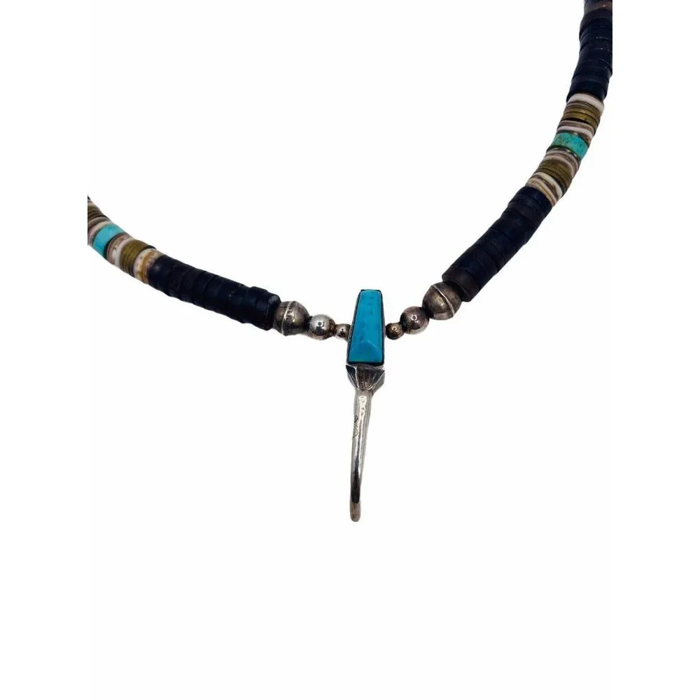 Vintage Navajo Handmade Silver Turquoise Pipestone Beaded Necklace Claw Pendant - Picture 4 of 13